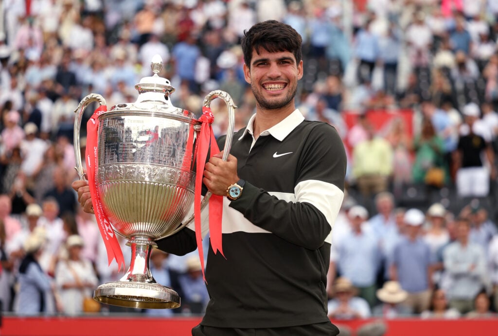 Carlos Alcaraz of Spain poses for a photo with the HSBC Championships 2025 Winners Trophy following victory over Jiri Lehecka of Czechia in the Men's Singles Final on Day Fourteen of the 2025 HSBC Championships at The Queen's Club on June 22, 2025 in London, England.