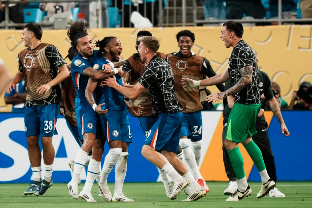 Christopher Nkunku celebrates scoring for his side during Benfica SL v Chelsea FC: Round Of 16 - FIFA Club World Cup 2025