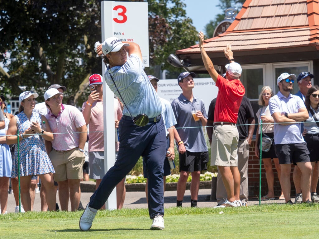 Aldrich Potgieter crushes his driver on the third tee during the third round of the Rocket Classic