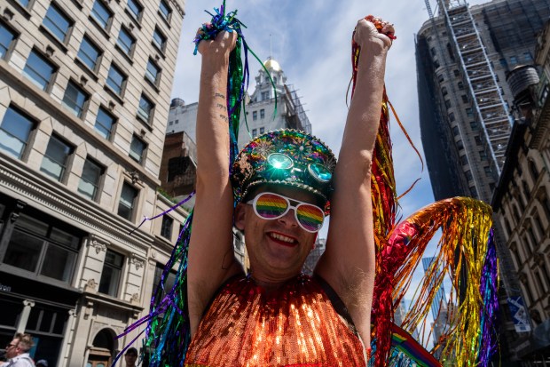 NEW YORK, NEW YORK - JUNE 29: People take part in the 2025 NYC Pride March on June 29, 2025 in New York City. The annual Pride parade is expected to draw more than a million people for the largest Pride event in North America. It will feature 60 floats and over 75,000 marchers. (Photo by Adam Gray/Getty Images)