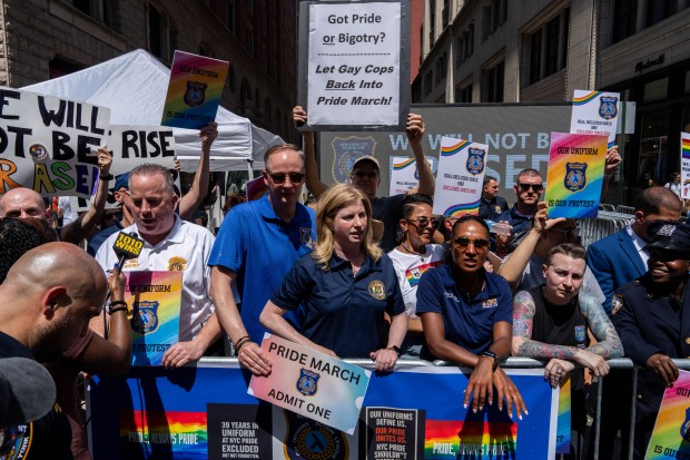NEW YORK, NEW YORK - JUNE 29: NYPD Police Commissioner Jessica Tisch joins the NYPD's Gay Officers Action League to protest the exclusion of NYPD members from the the 2025 NYC Pride March on June 29, 2025 in New York City. The annual Pride parade is expected to draw more than a million people for the largest Pride event in North America. It will feature 60 floats and over 75,000 marchers. (Photo by Adam Gray/Getty Images)
