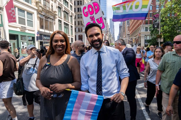 NEW YORK, NEW YORK - JUNE 29: Zohran Mamdani, New York City Mayoral Candidate, and Letitia James, Attorney General of New York, take part in the 2025 NYC Pride March on June 29, 2025 in New York City. The annual Pride parade is expected to draw more than a million people for the largest Pride event in North America. It will feature 60 floats and over 75,000 marchers. (Photo by Adam Gray/Getty Images)