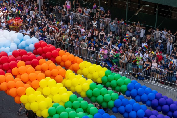 NEW YORK, NEW YORK - JUNE 29: Crowds watch as people take part in the 2025 NYC Pride March on June 29, 2025 in New York City. The annual Pride parade is expected to draw more than a million people for the largest Pride event in North America. It will feature 60 floats and over 75,000 marchers. (Photo by Adam Gray/Getty Images)