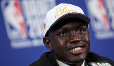 Khaman Maluach of the Phoenix Suns speaks to the media after being drafted tenth overall during the...