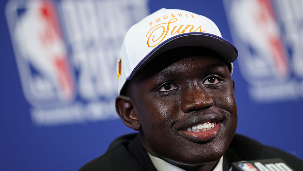 Khaman Maluach of the Phoenix Suns speaks to the media after being drafted tenth overall during the...