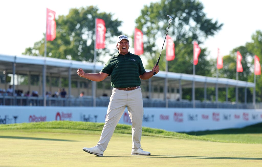 Aldrich Potgieter celebrates holing the putt to win the Rocket Classic