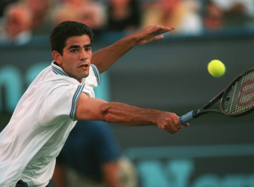 Pete Sampras hitting a backhand at the Indian Wells Open in 1995.