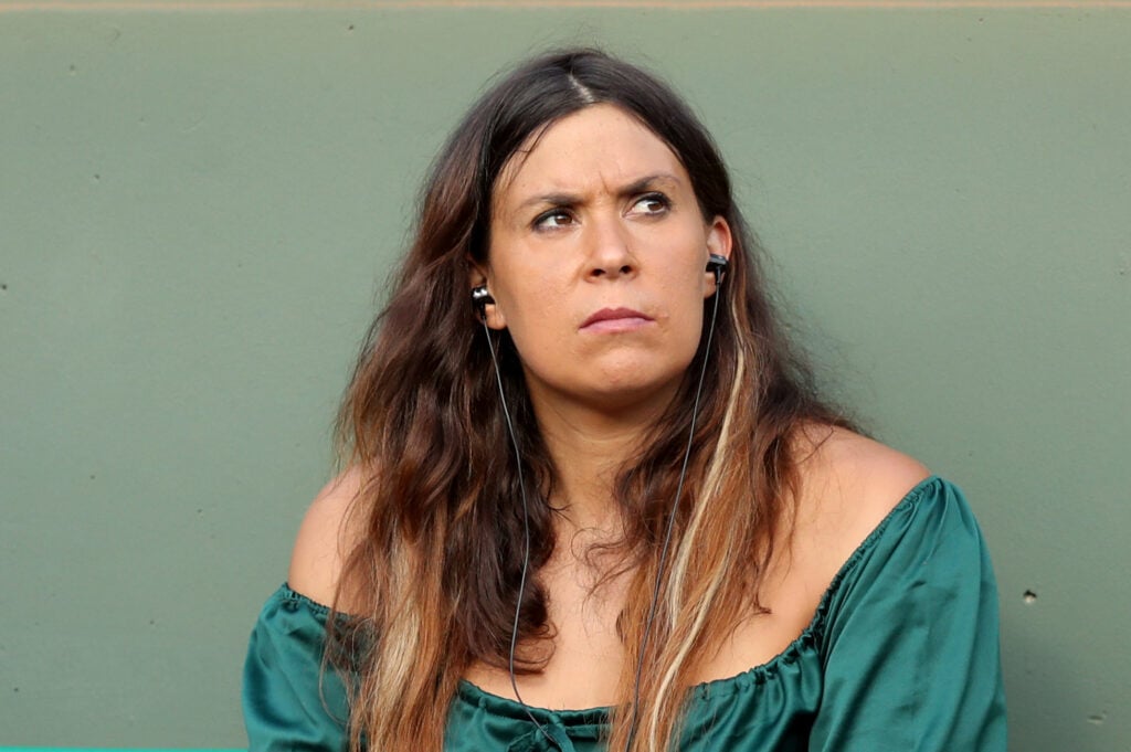 Marion Bartoli watches on from the stands during the 2018 French Open