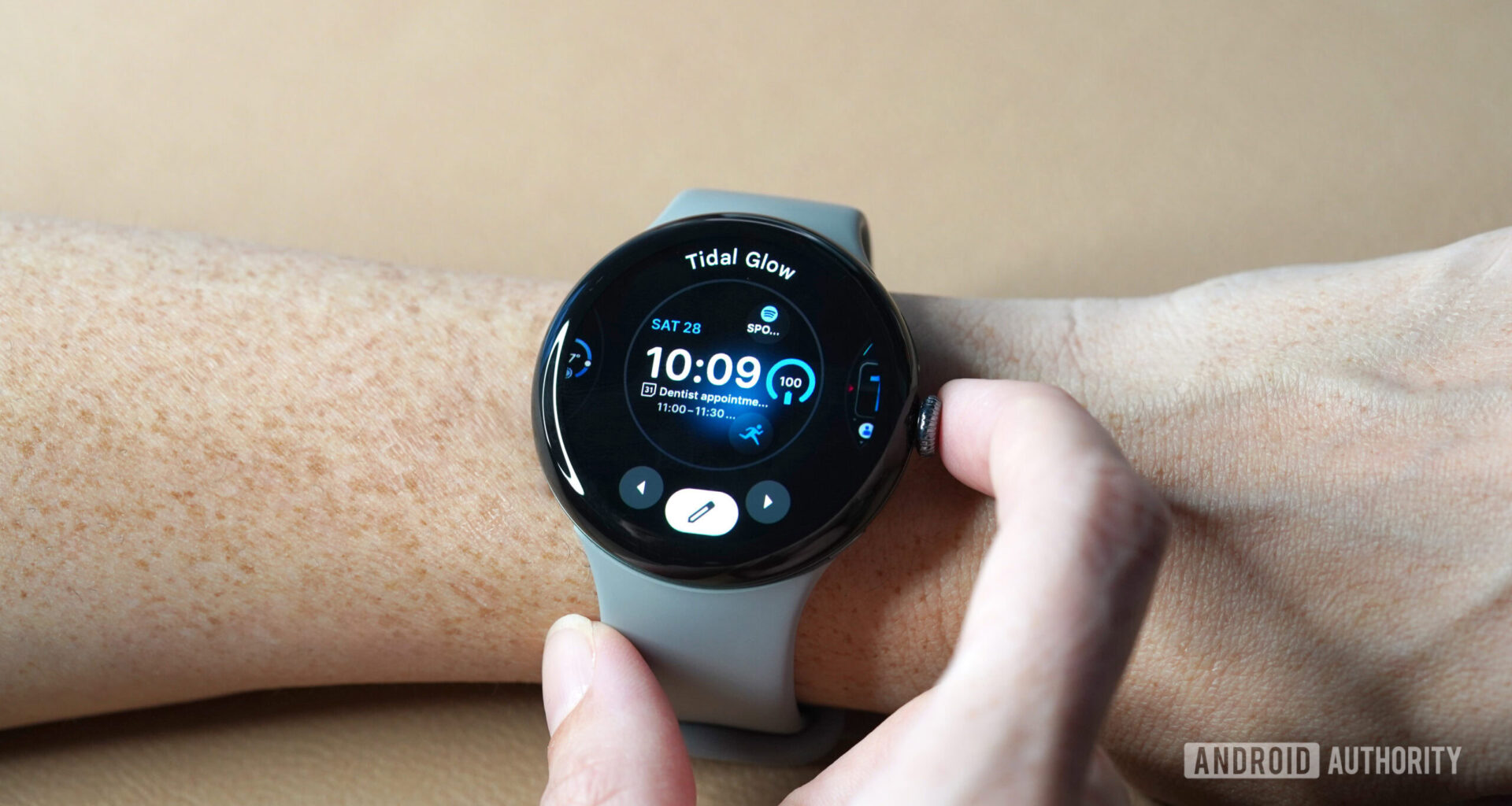 A user scrolls through their watch face options on the Google Pixel Watch 3.