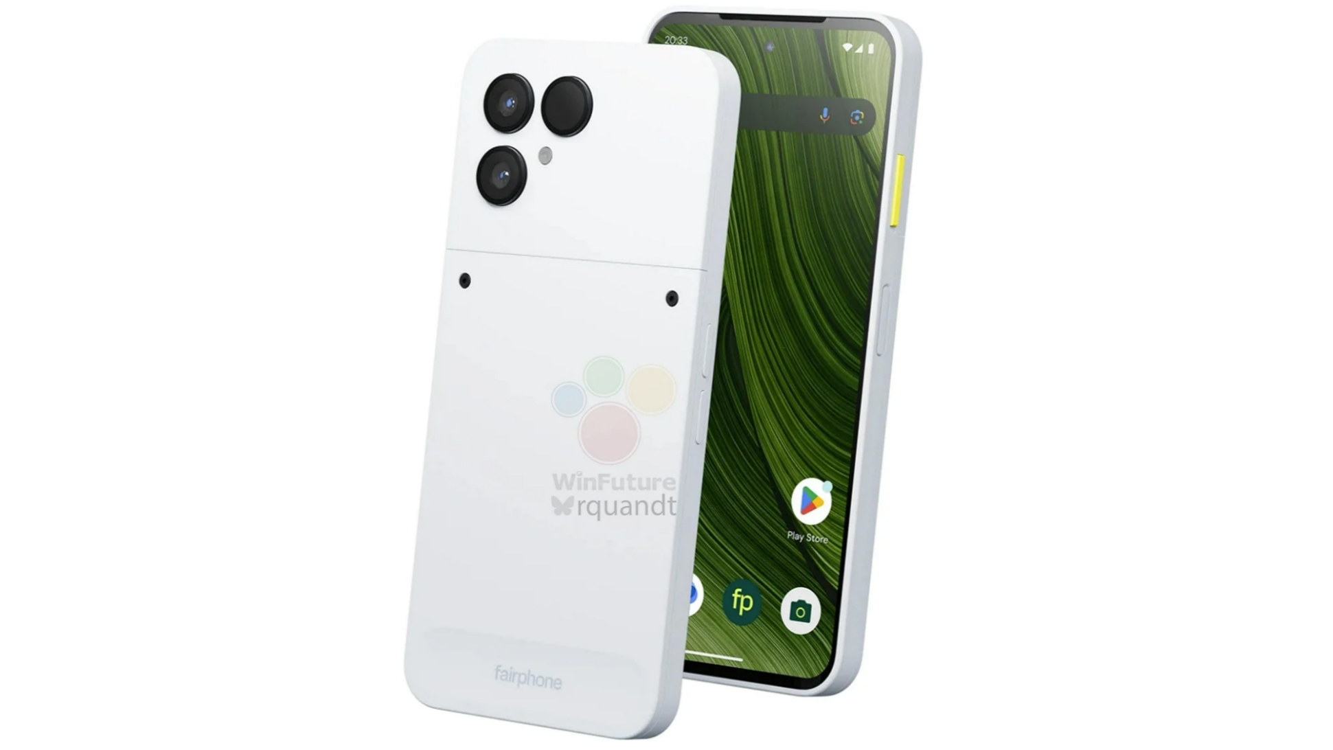 Render of the Fairphone 6 showing the rear side of the phone and display