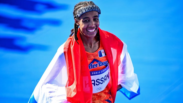 Sifan Hassan of Team Netherlands celebrates after winning the women's marathon at Esplanade des Invalides during the 2024 Paris Summer Olympic Games in Paris, France.
