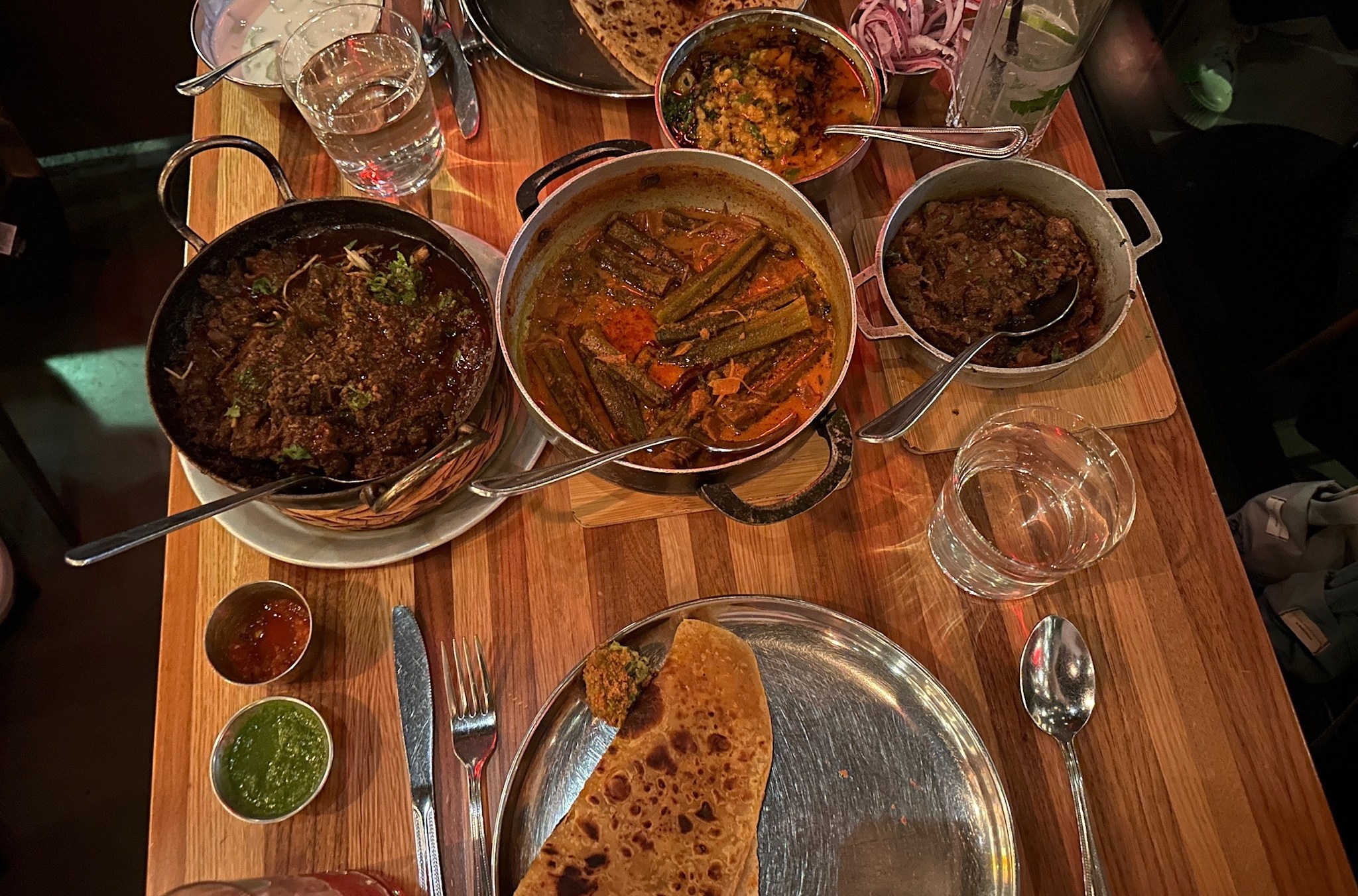 A table of plated foods.