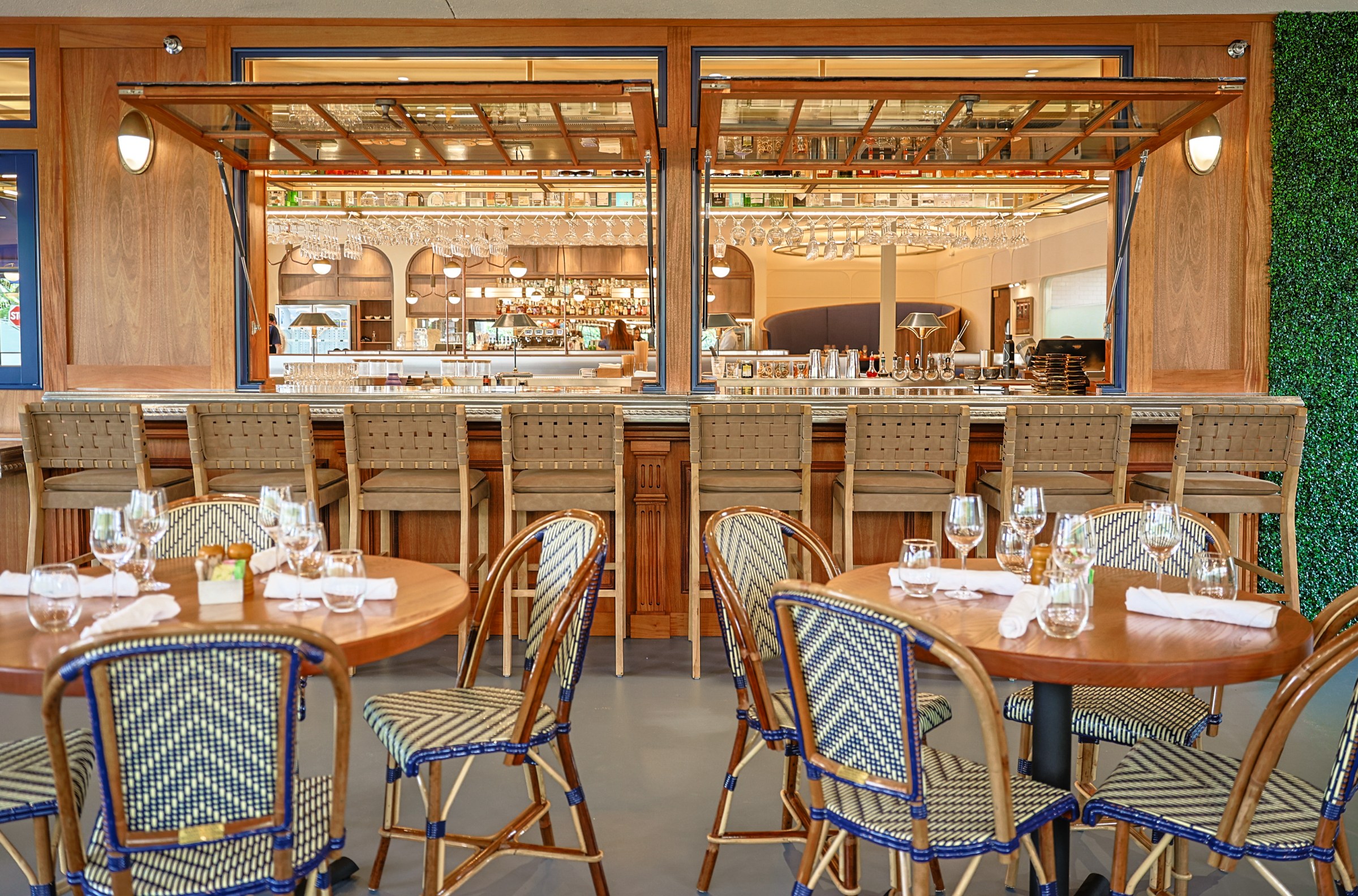 The interior of a French-inspired bistro.
