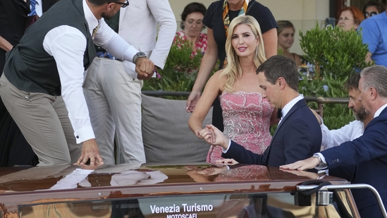 Ivanka Trump, center left, and Jared Kushner, center right, leave a hotel ahead of the anticipated wedding celebrations of Jeff Bezos and Lauren Sanchez, in Venice, Italy, Friday, June 27, 2025. (AP Photo/Antonio Calanni)(AP)