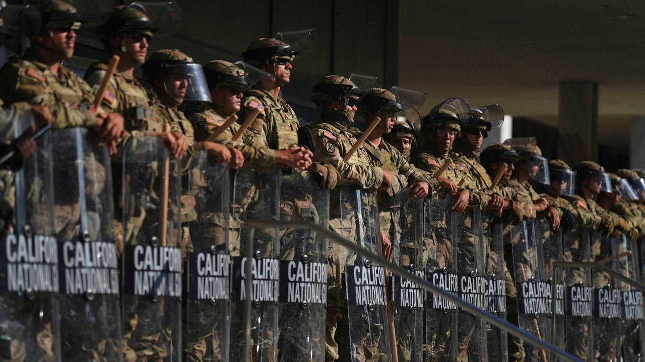 California National Guard are positioned at the Federal Building on June 10, 2025, in downtown Los Angeles. (AP Photo/Eric Thayer)