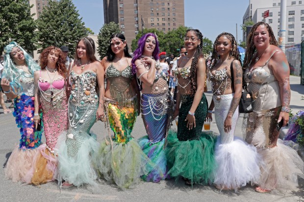 Paradegoers dressed in all types of aquatic themed costumes, march and perform in the 43rd Annual Coney Island Mermaid Parade in Brooklyn New York on June 21, 2025. (Photo by Andrew Schwartz)