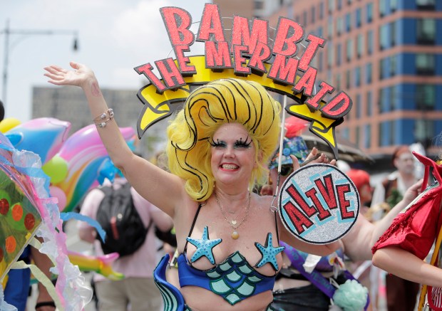 Paradegoers dressed in all types of aquatic themed costumes, march and perform in the 43rd Annual Coney Island Mermaid Parade in Brooklyn New York on June 21, 2025. (Photo by Andrew Schwartz)