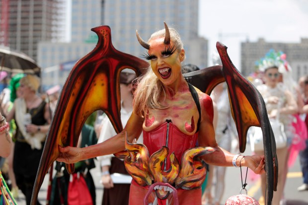 Paradegoers dressed in all types of aquatic themed costumes, march and perform in the 43rd Annual Coney Island Mermaid Parade in Brooklyn New York on June 21, 2025. (Photo by Andrew Schwartz)