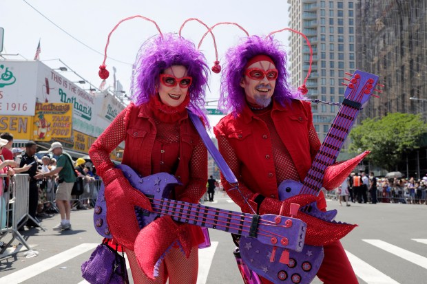 Paradegoers dressed in all types of aquatic themed costumes, march and perform in the 43rd Annual Coney Island Mermaid Parade in Brooklyn New York on June 21, 2025. (Photo by Andrew Schwartz)