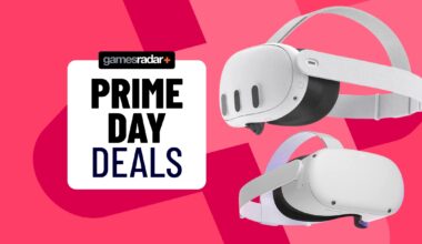 Prime Day deals stamp over a Meta Quest 2 and 3 image, on top of a pink background