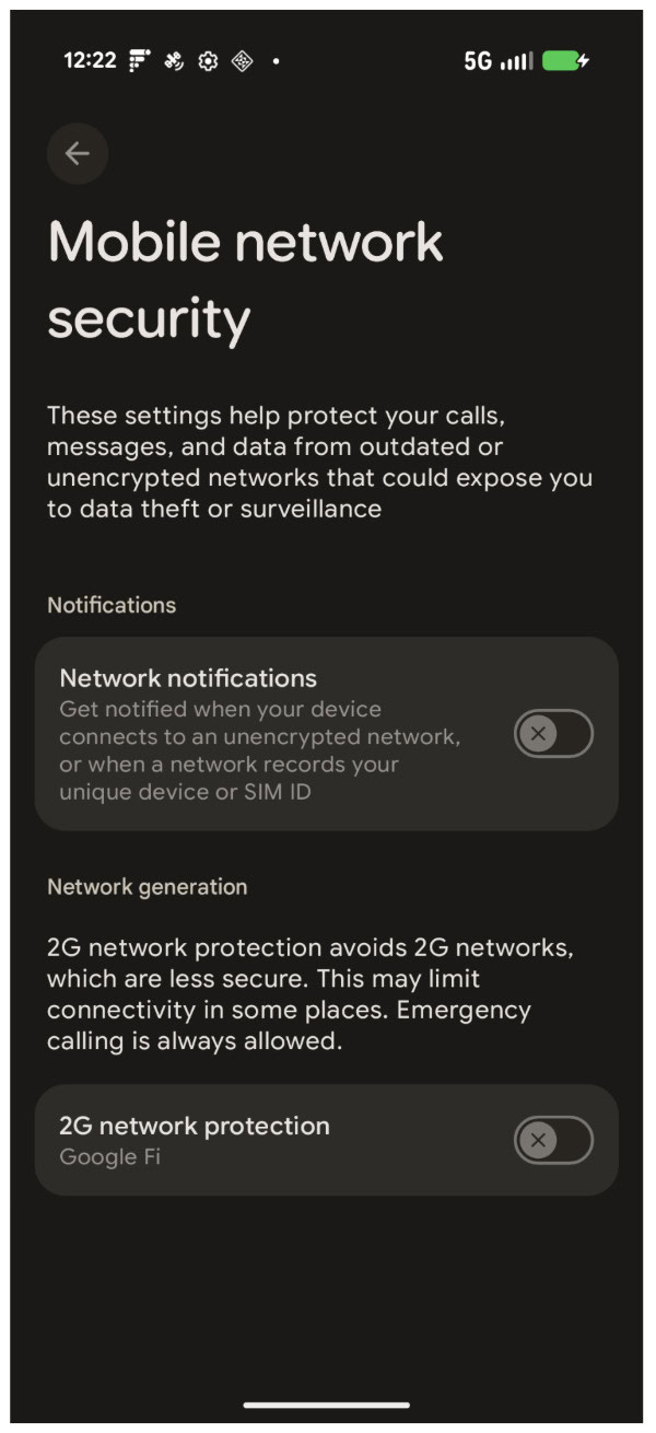 Mobile network security settings in Android 16
