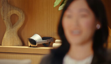 A Samsung Project Moohan headset on a shelf during The Android Show 2025