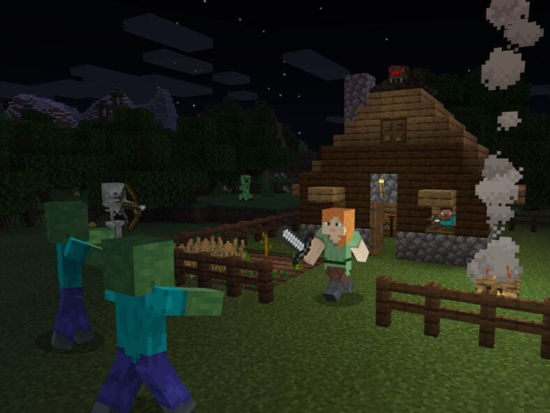 Player Holding Sword Fighting Zombies in Minecraft (2011), Mojang Studios, Screenshot via Minecraft