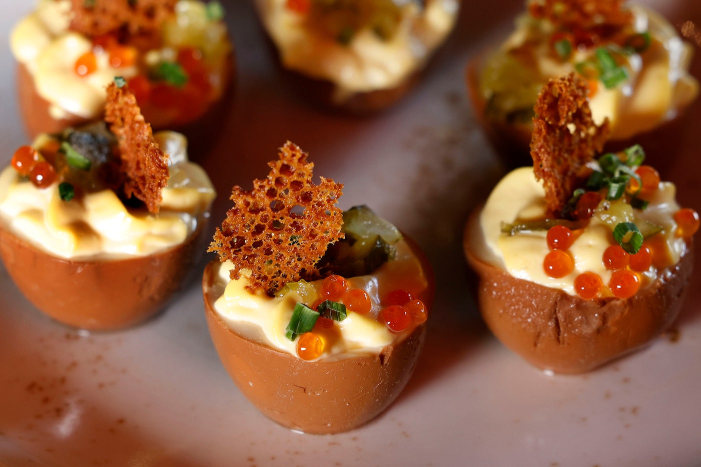 Deviled eggs marinated in pecan tea are on the menu at Jaxon Texas Kitchen in Irving.