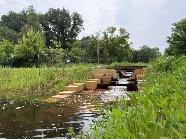 A sculpture near steps in water.