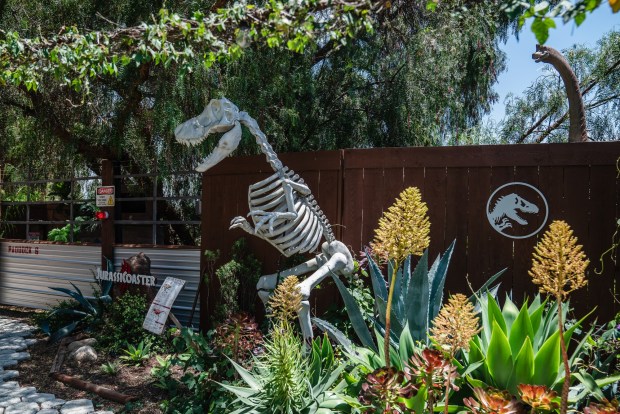Dinosaur sculptures can be seen near the miniature roller coaster in Tiffany and Jared Marshall's backyard in Lakeside on May 30, 2025. (Ariana Drehsler / For The San Diego Union-Tribune)