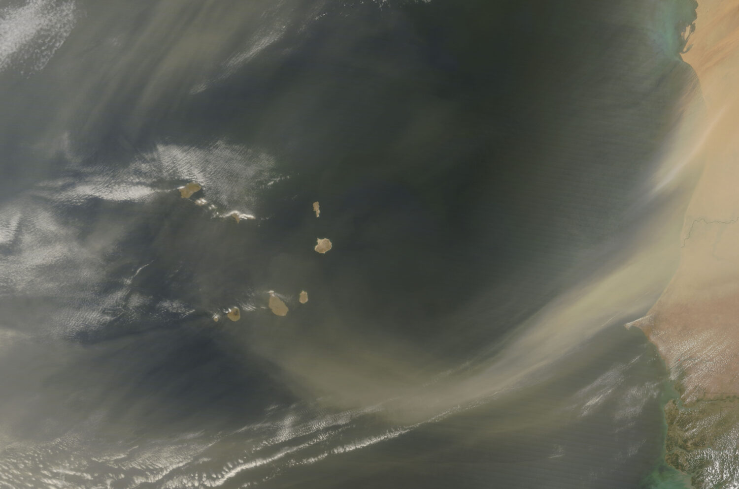 This June 21, 2009, file photo from the NASA Earth Observatory shows Saharan sand blowing off the coasts of Mauritania and Senegal. Although this image shows dust immediately off the coast of West Africa, a layer of dust from storms such as this often travels virtually intact to the other side of the Atlantic. This layer of dry, hot, dusty air is called the Saharan Air Layer.