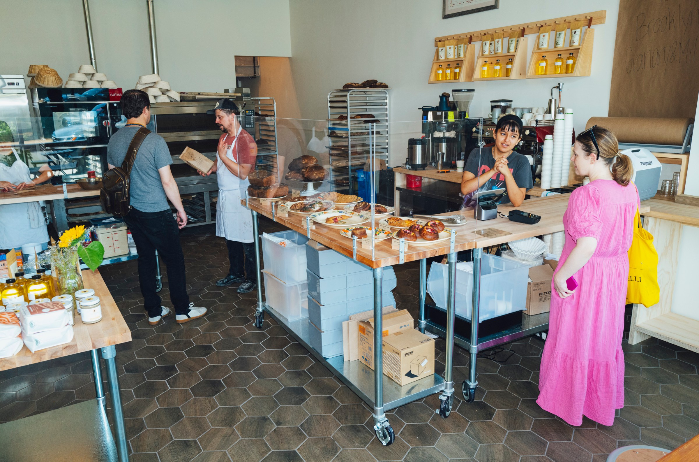 An indoor bakery setup with a counter.