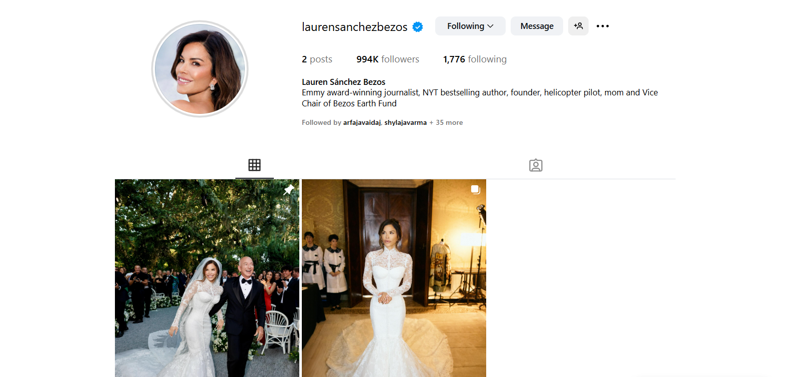 Lauren Sánchez’s Instagram profile after her wedding with Jeff Bezos. (Instagram/@laurensanchezbezos)
