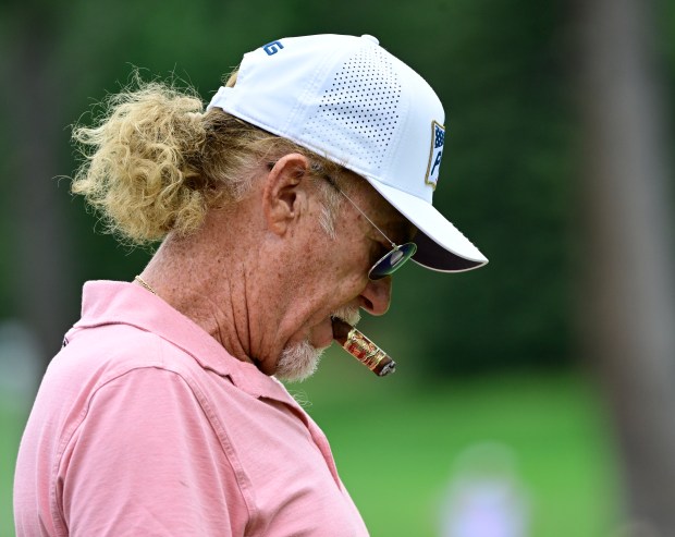 Miguel Angel Jiménez smokes a cigar on the 13th green during the third round of the 45th U.S. Senior Open Championship at The Broadmoor in Colorado Springs, Colorado, on Saturday, June 28, 2025. (Photo by Andy Cross/The Denver Post)
