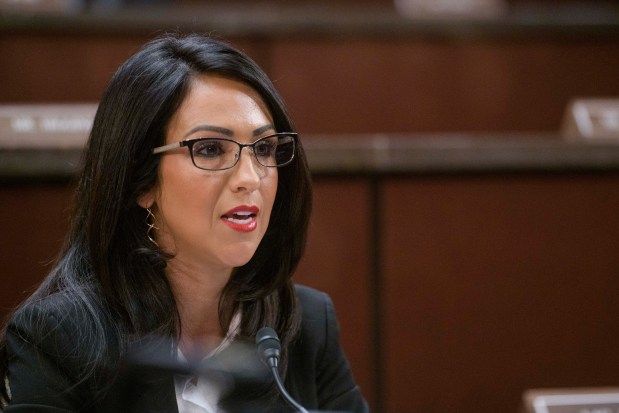 U.S. Rep. Lauren Boebert, a Republican from Colorado, questions Denver Mayor Mike Johnston during a House Committee on Oversight and Government Reform hearing on cities' immigration policies on Capitol Hill, Wednesday, March 5, 2025, in Washington. (AP Photo/Rod Lamkey, Jr.)