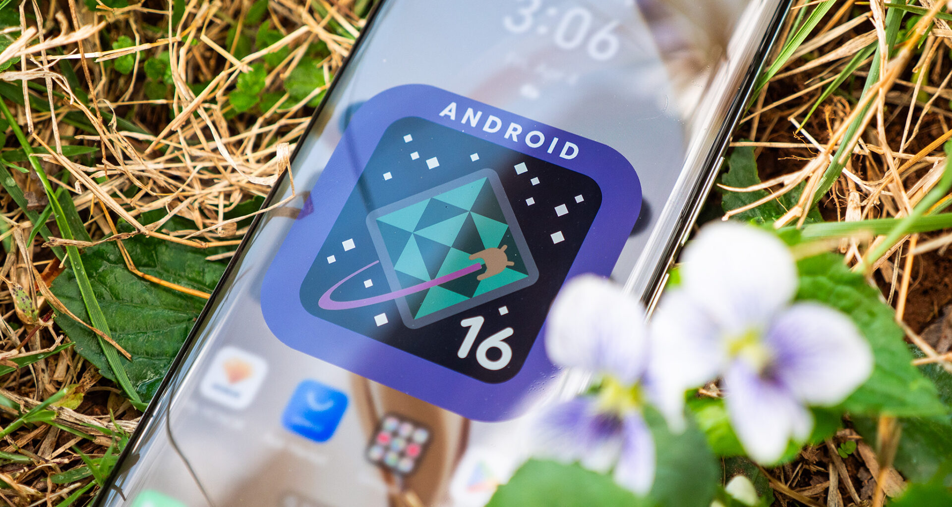 A purple and green Android 16 logo on an Honor 200 Pro