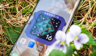 A purple and green Android 16 logo on an Honor 200 Pro