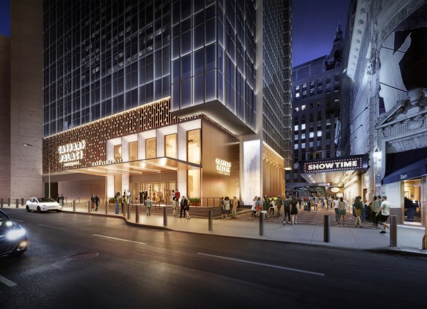 A ground-level view of the planned hotel entrance at Shubert Alley of Caesars Palace in Times Square. (Image by Motiv)