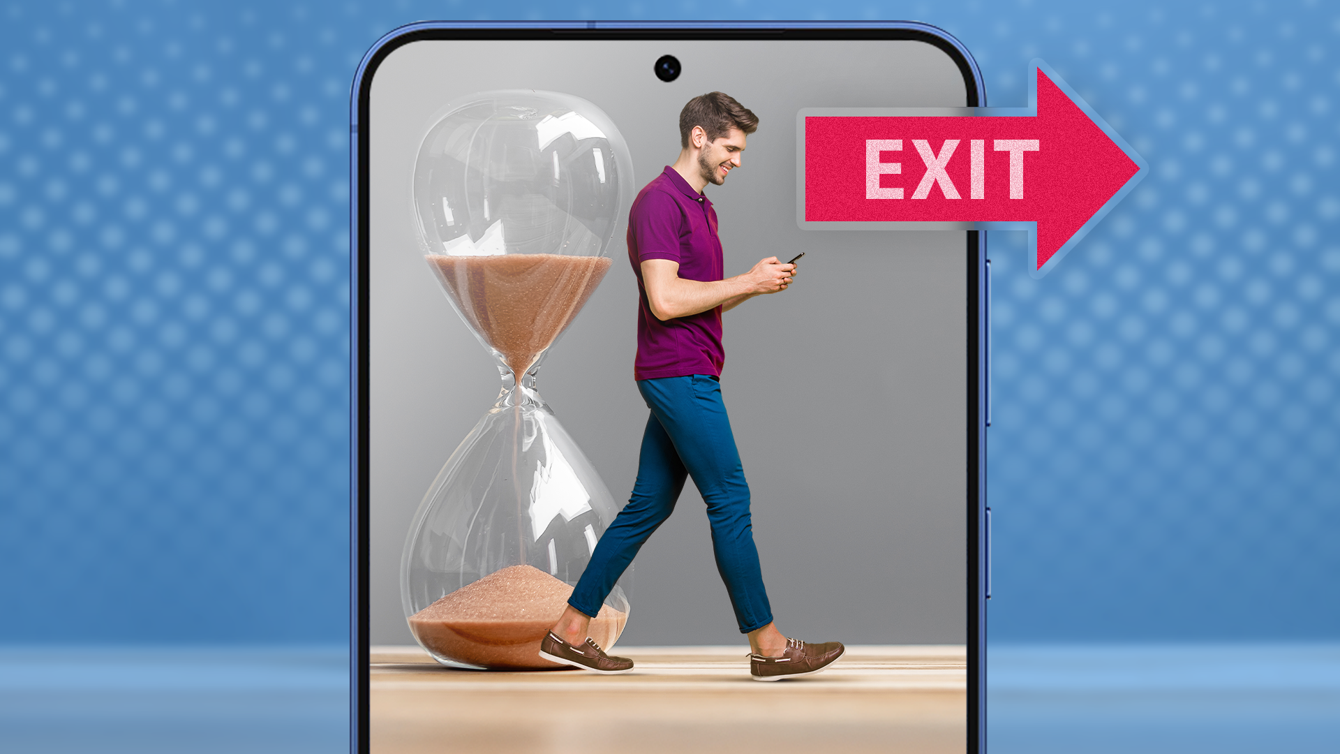 A phone screen with a man using his phone beside an hourglass and an exit arrow.