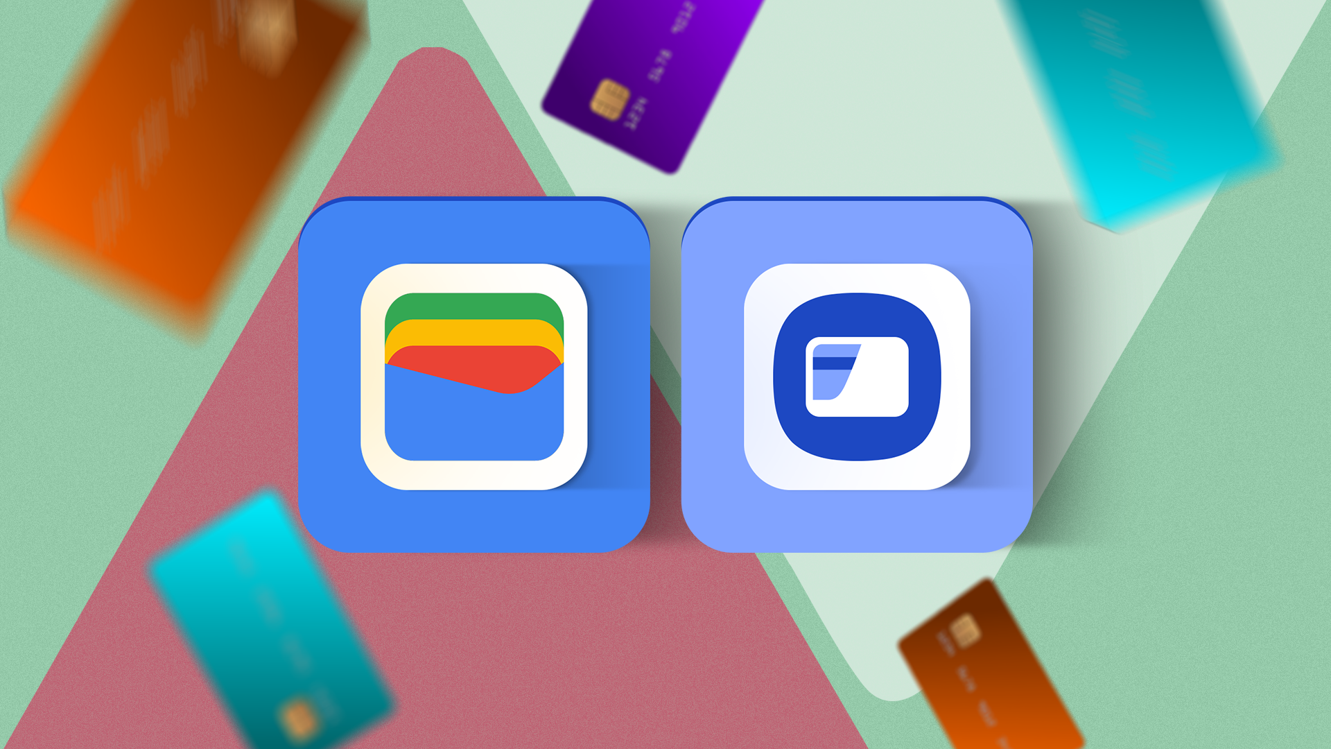 A surface with the Google Wallet logo next to the Samsung Wallet logo, surrounded by several credit cards.