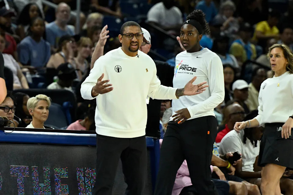 Chicago Sky head coach Tyler Marsh directs his team against the Phoenix Mercury during the first half at Wintrust Arena.Mandatory Credit&colon; Matt Marton-Imagn Images