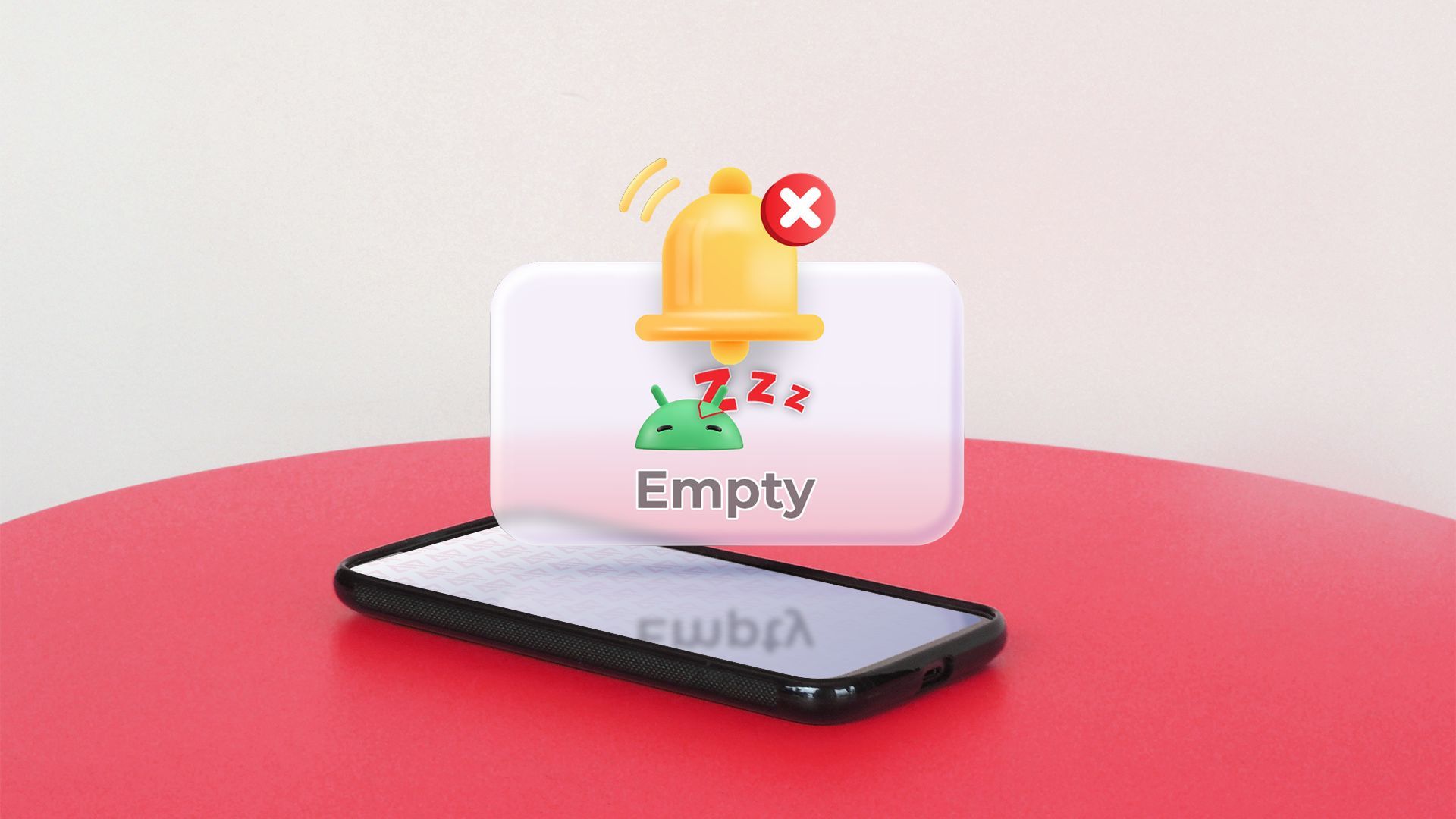 A smartphone lying face-up on a red table with a floating notification icon above it, showing a muted bell, a sleeping Android head.