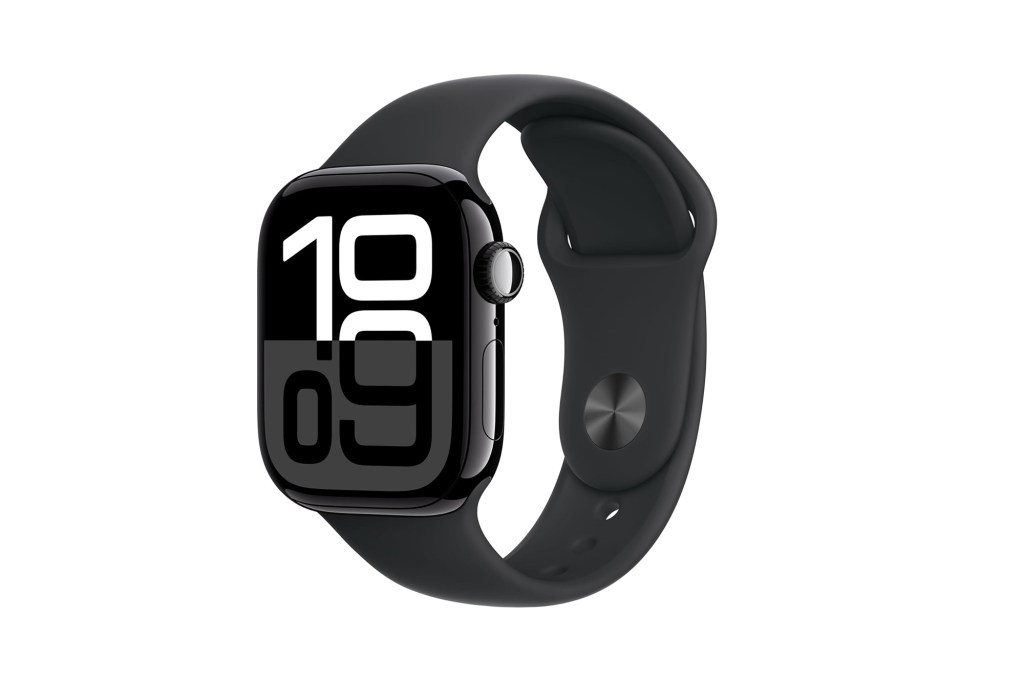 A black smart watch with a black band