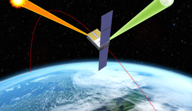 An artist's rendering of NASA's Arcstone instrument on-orbit gathering measurements of lunar reflectance.