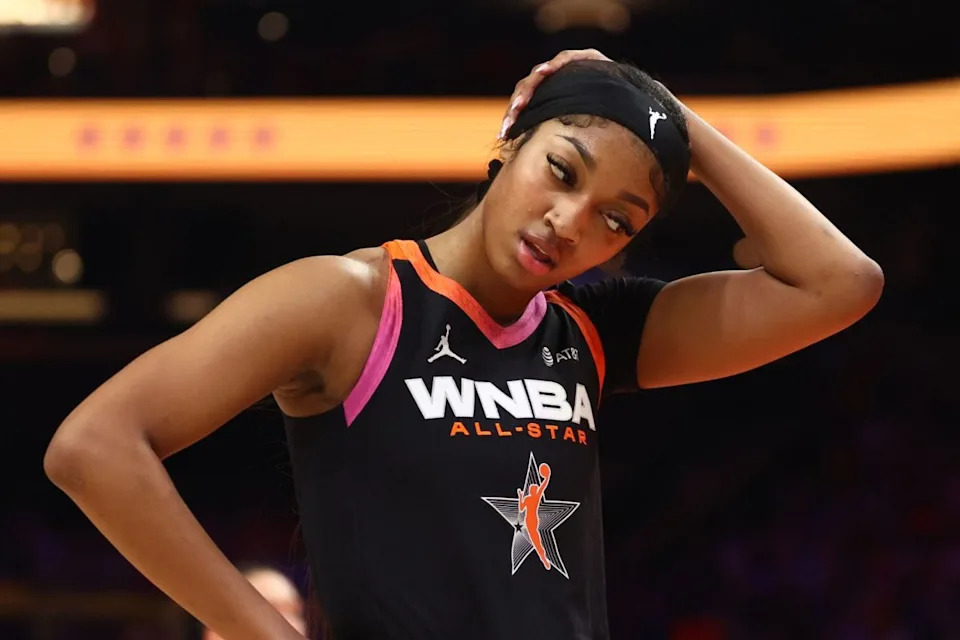 Chicago Sky player Angel Reese reacts during the 2024 WNBA All-Star Game.Mark J&period; Rebilas-Imagn Images