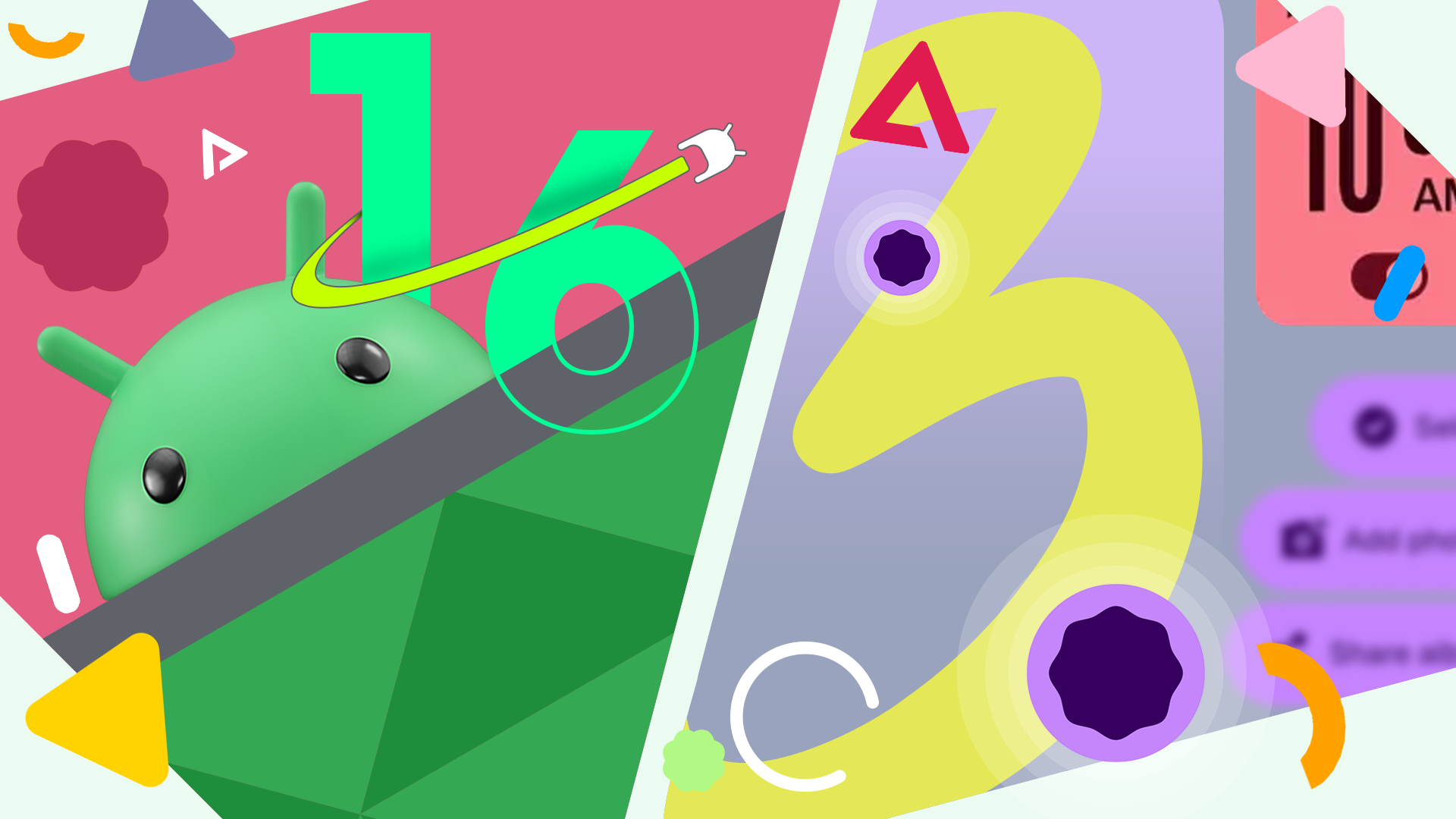 Conceptual split-screen image showing Android 16 on the left with the Android mascot, and Material 3 Expressive on the right with colorful UI elements and a large number 3