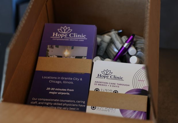 A box of brochures advertising abortion services sits in the waiting room at Hope Clinic on May 13, 2025, in Chicago. The abortion clinic is in the process of being outfitted with equipment and supplies for an opening later this month. (Stacey Wescott/Chicago Tribune)