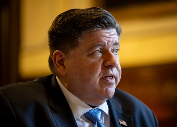 Gov. JB Pritzker speaks from his ceremonial office after delivering his annual budget address at the Illinois State Capitol in Springfield on Feb. 19, 2025. (Brian Cassella/Chicago Tribune)