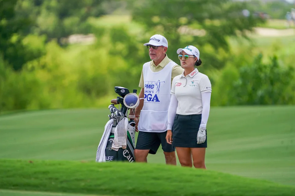 Jun 20, 2025; Frisco, Texas, USA; Minjee Lee waits to play her shot on the 11th hole during the second round of the KPMG Women's PGA Championship. Mandatory Credit: Raymond Carlin III-Imagn Images