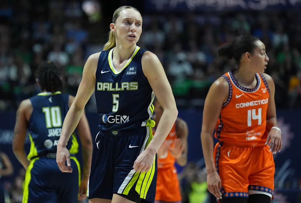 Dallas Wings guard Paige Bueckers reacts after a play against the Connecticut Sun.David Butler II-Imagn Images